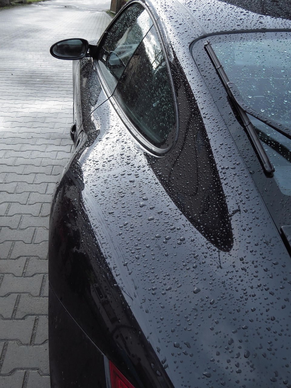 porsche, automobile, flank, fender, paint, black, roll off, raindrop, nature, rain, wet, shine
